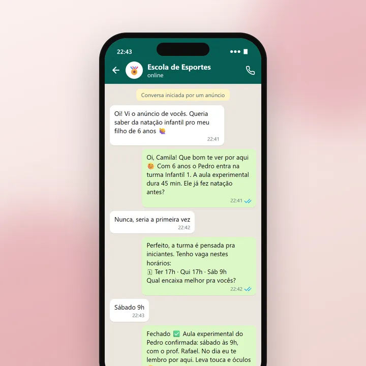 Conversa no WhatsApp em que a IA atende e agenda a aula experimental