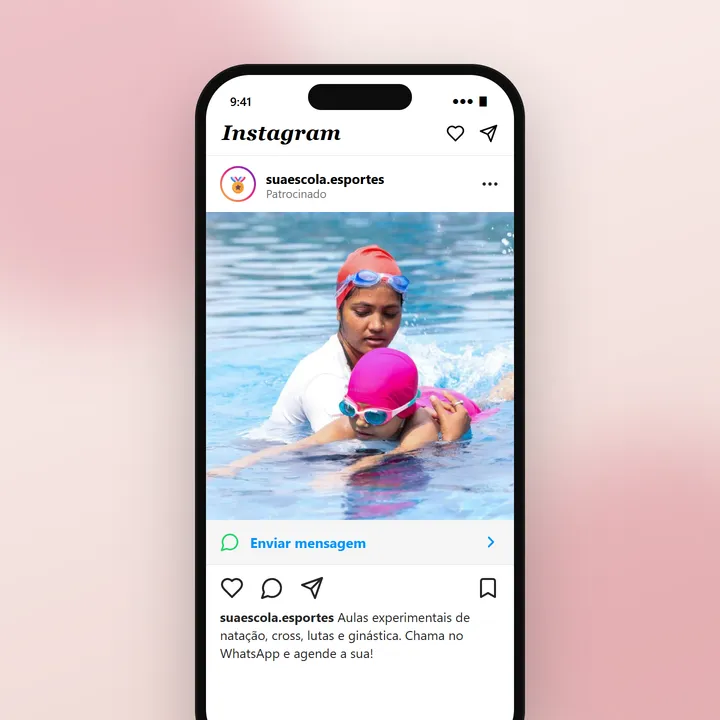 Anúncio no Instagram de uma escola de esportes com o botão Enviar mensagem