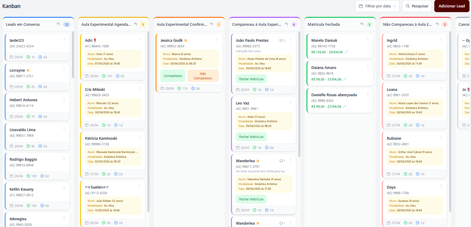 Kanban dos leads no CRM